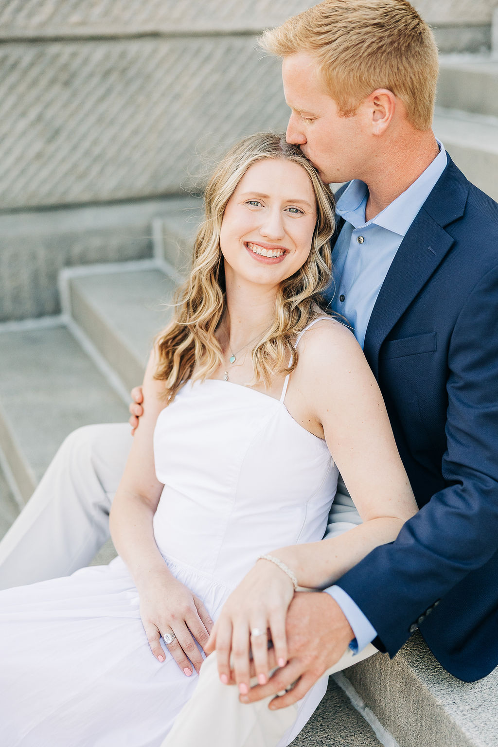 Close-up engagement photo on the State House steps in downtown Columbia South Carolina