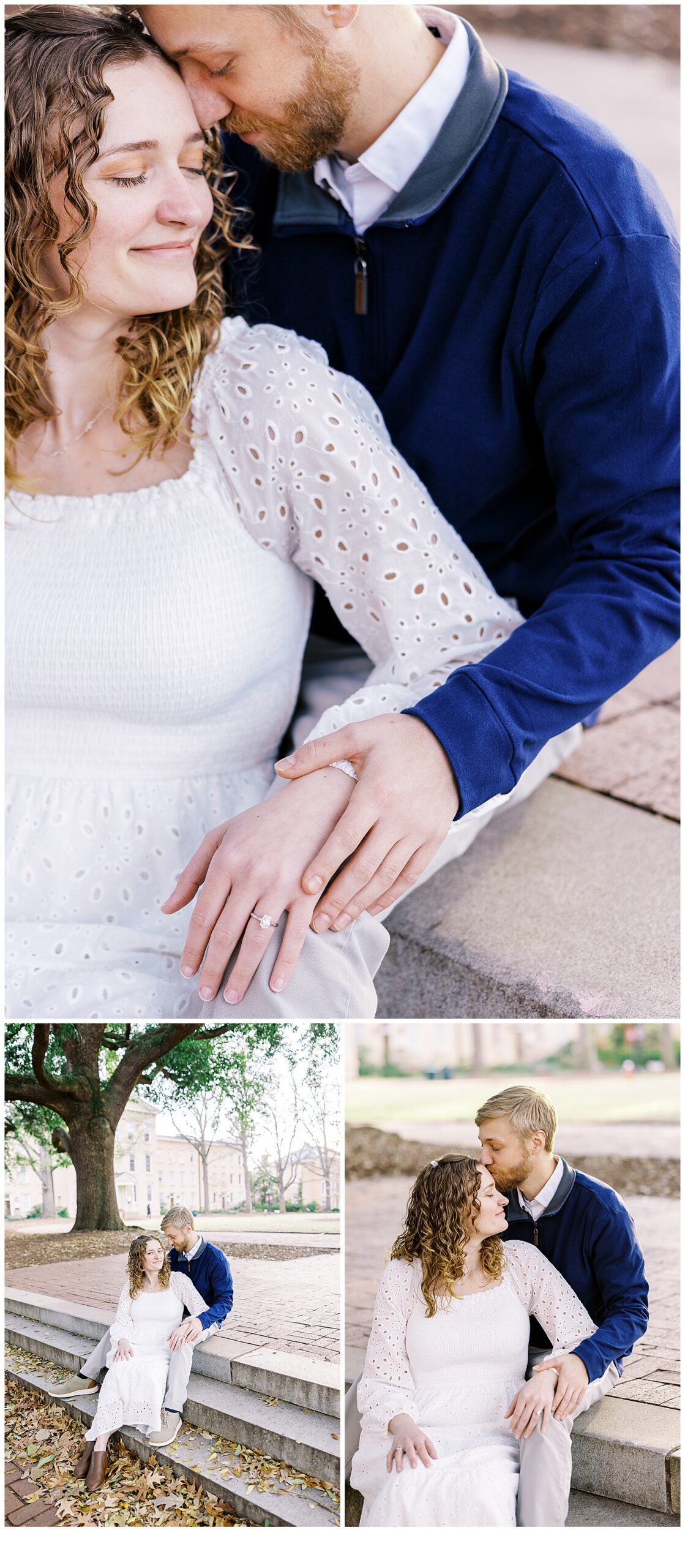Couple snuggling together during their engagement photos