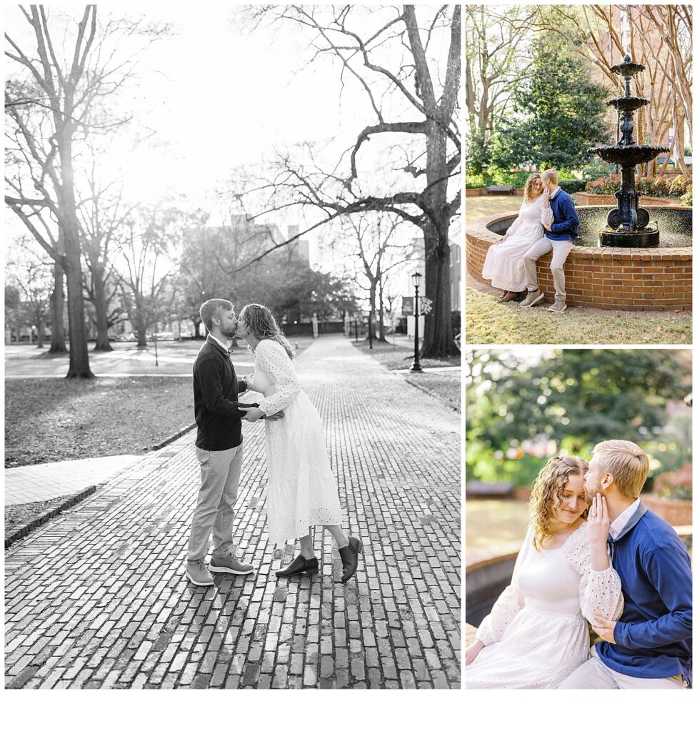 Couple cozying up by a fountain
