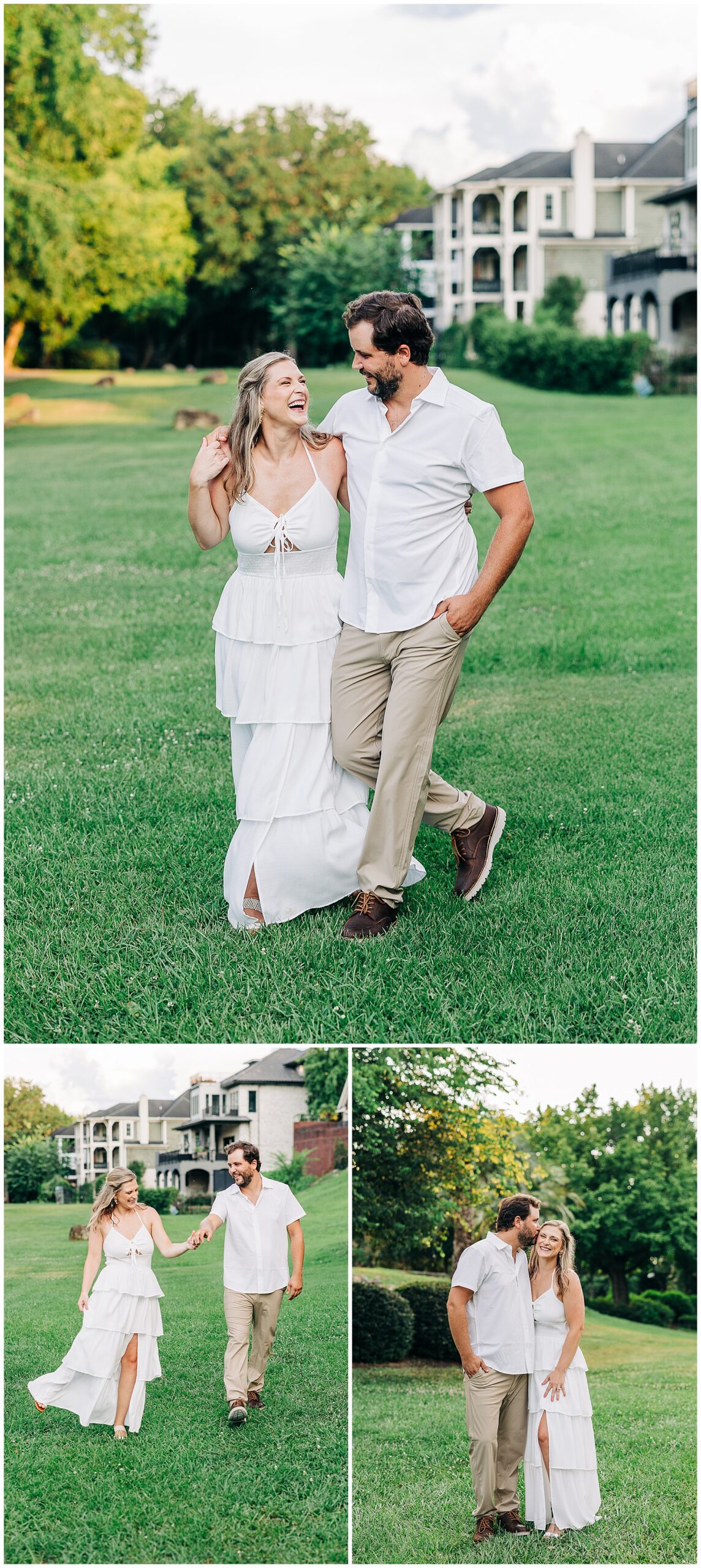 Couple walks side by side for their engagement photos in Columbia, SC