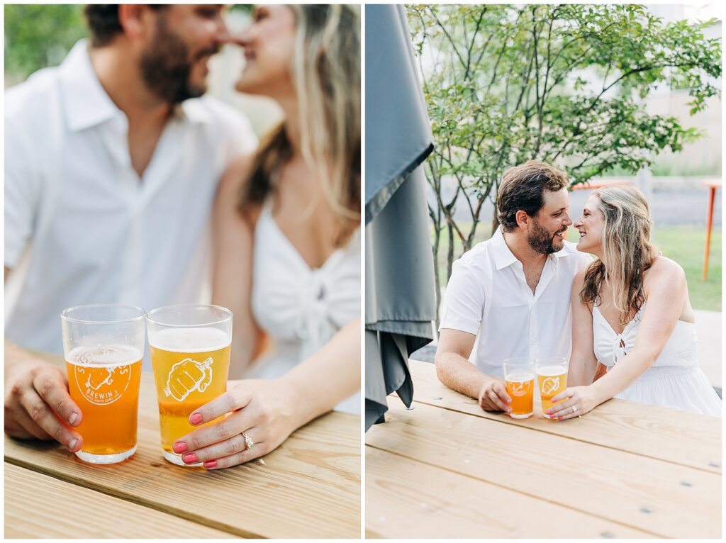 Couple cheers to a drink at a brewery for their engagement photos in Columbia, SC
