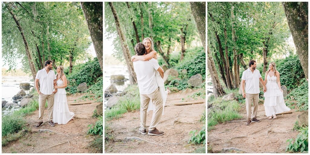 Couple walks by the river for engagement photos