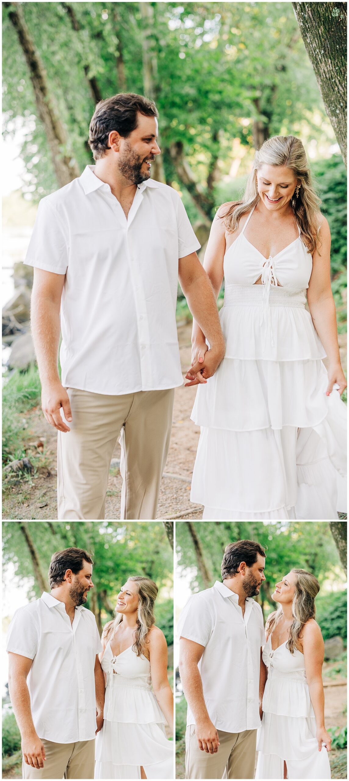 Couple dressed in white has their engagement photos