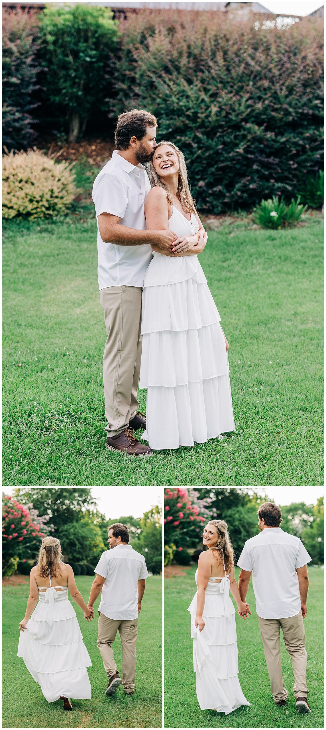 Couple poses for engagement photos by the riverwalk in Columbia, SC